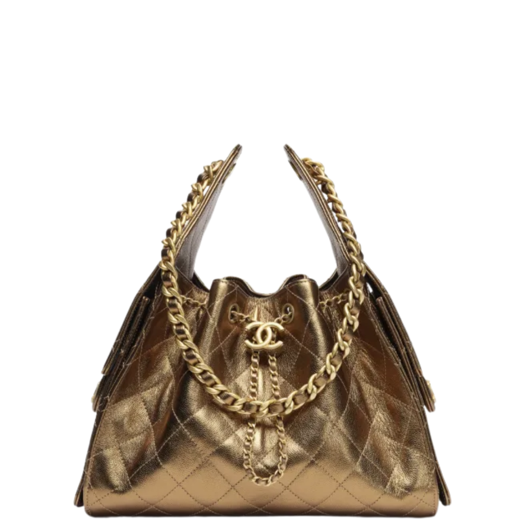 Chanel 25 Small Handbag Hobo Metallic Grained Calfskin & Gold Metal Dark Gold