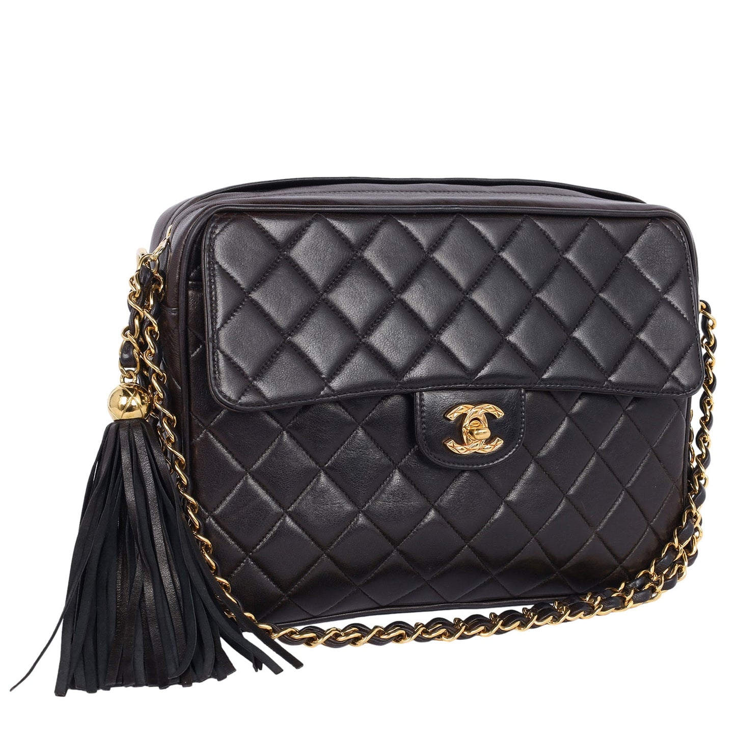 Lambskin Quilted Tassel Camera Case Black Medium Black