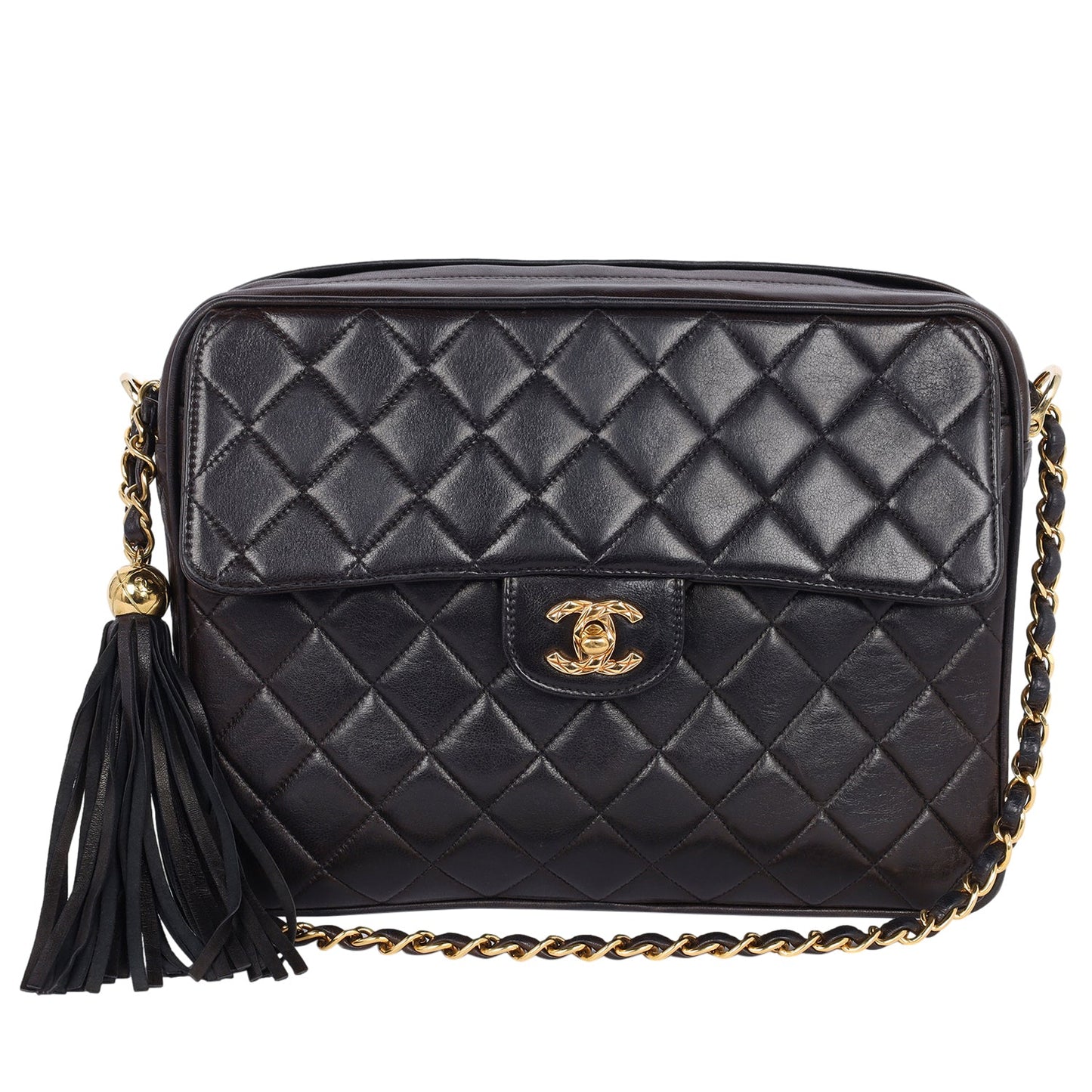 Lambskin Quilted Tassel Camera Case Black Medium Black