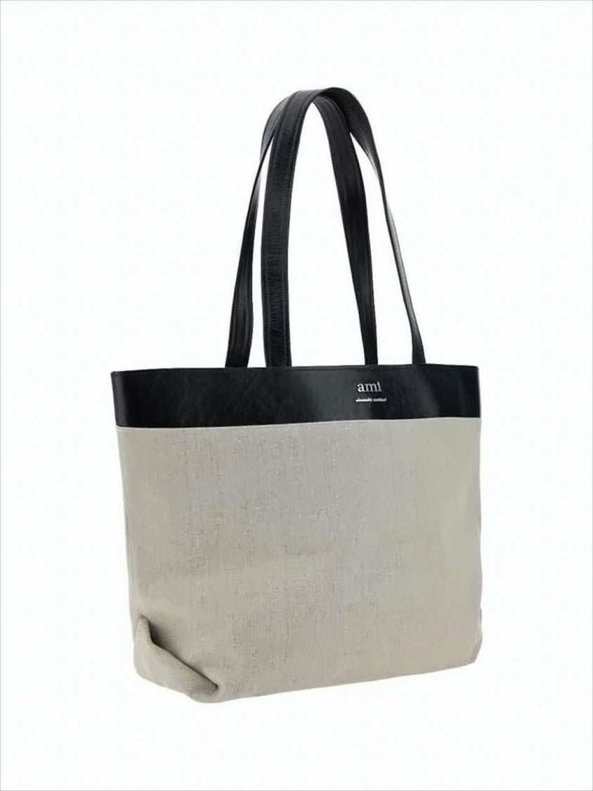 Ami Paris Beige Canvas Tote Bag With Black Leather Trim