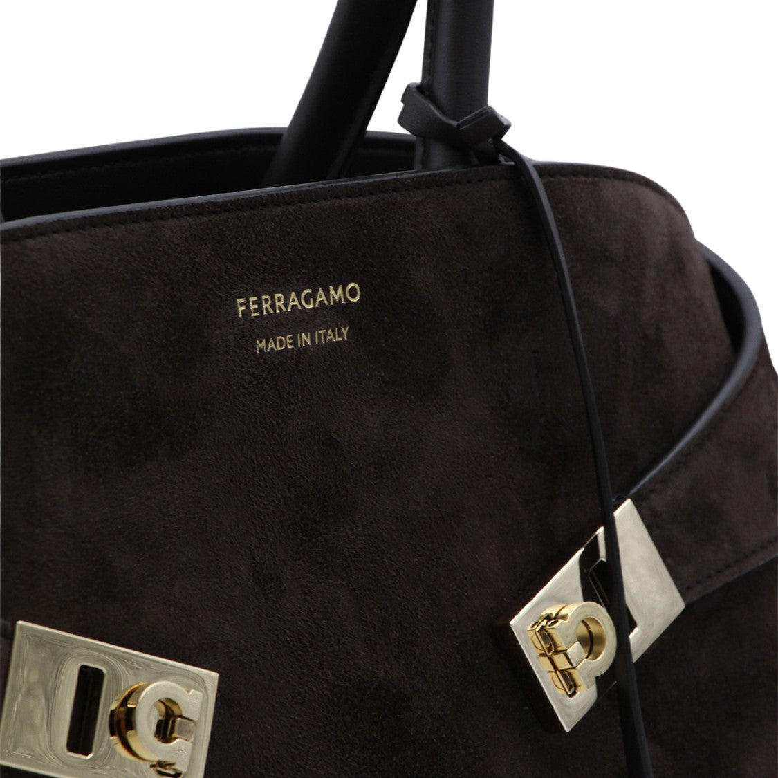 Ferragamo Structured Handbag In Dark Suede With Gold-Tone Accents
