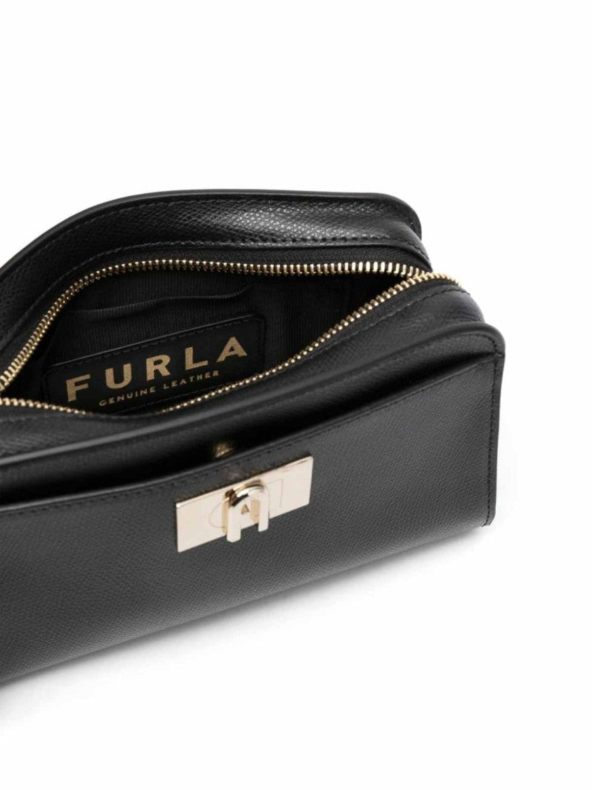 Furla Black Leather Shoulder Bag With Zip Closure