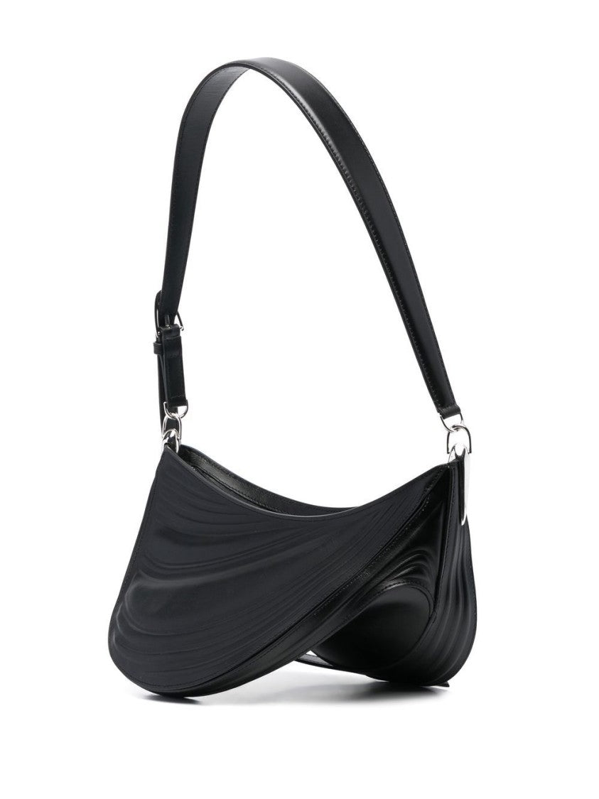 Mugler Spiral Curve Embossed Crossbody Bag In Black Calf Leather
