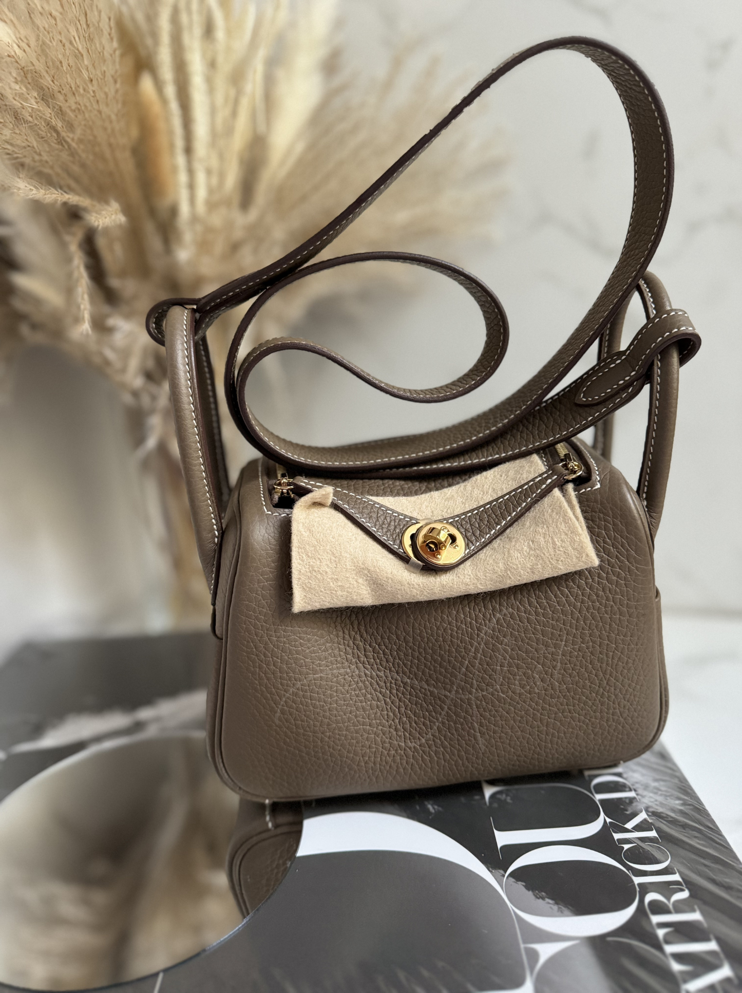 BNIB Hermes Mini Lindy Etoupe Clemence With Gold Hardware B Stamp