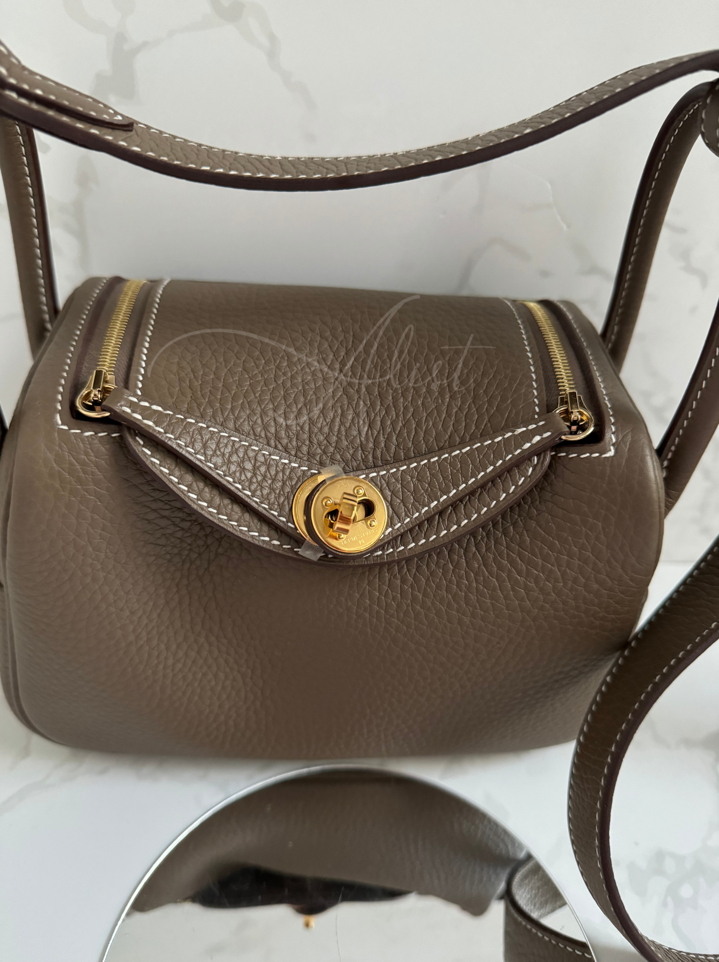 BNIB Hermes Mini Lindy Etoupe Clemence With Gold Hardware B Stamp