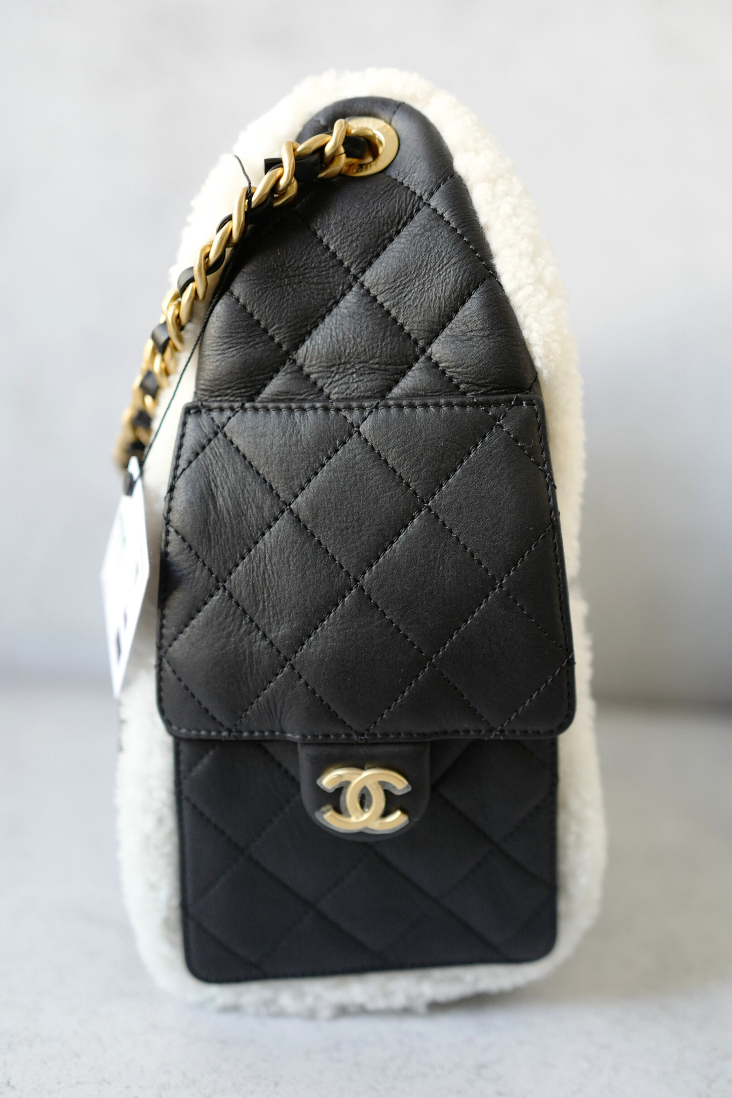 Chanel 25K Small Hobo Bag Black Calfskin with Shearling Trim Gold Hardware .