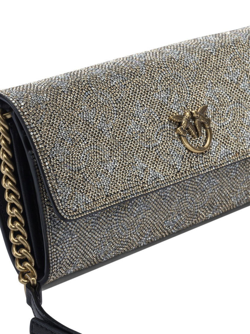 Pinko Textured Silver Leather Clutch With Flap Closure
