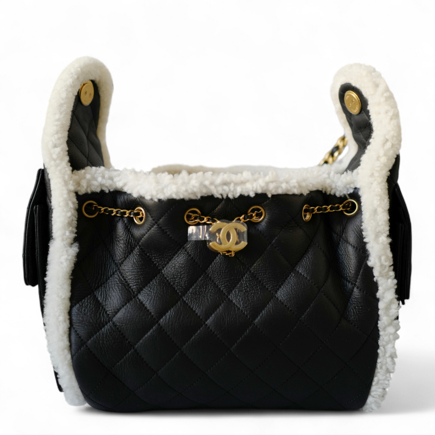 Chanel 25K Small Hobo Bag Black Calfskin with Shearling Trim Gold Hardware .