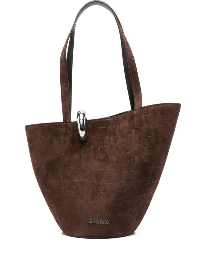 Jacquemus Asymmetrical Dark Brown Embossed Suede Bag