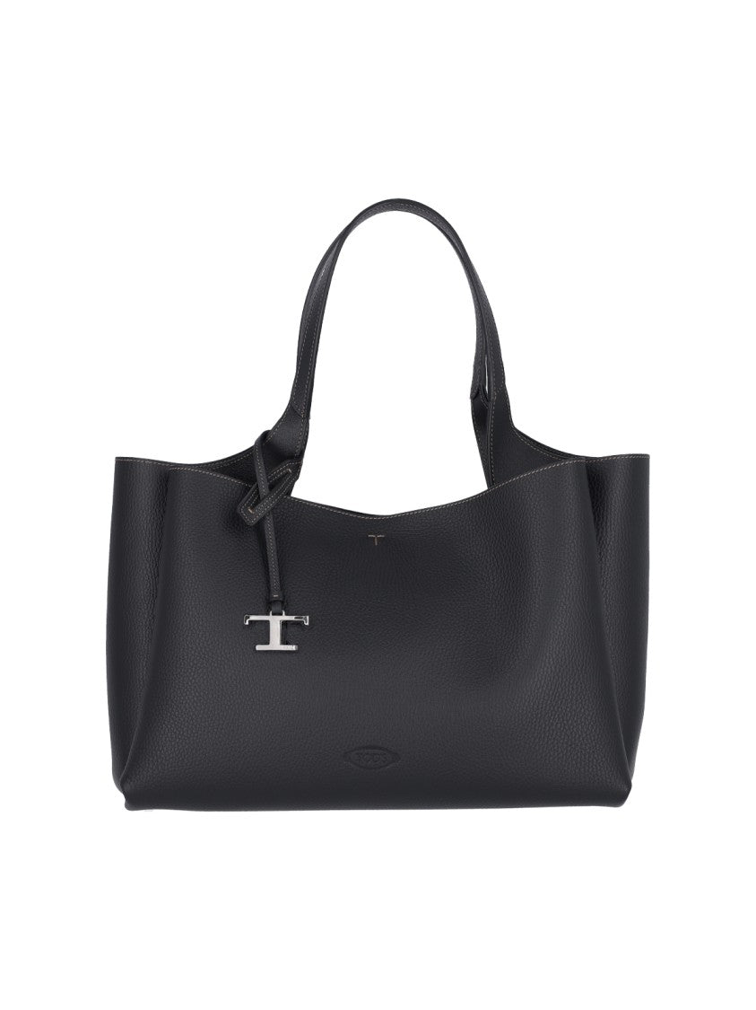 Tod's Medium Tote Bag In Black Hammered Leather