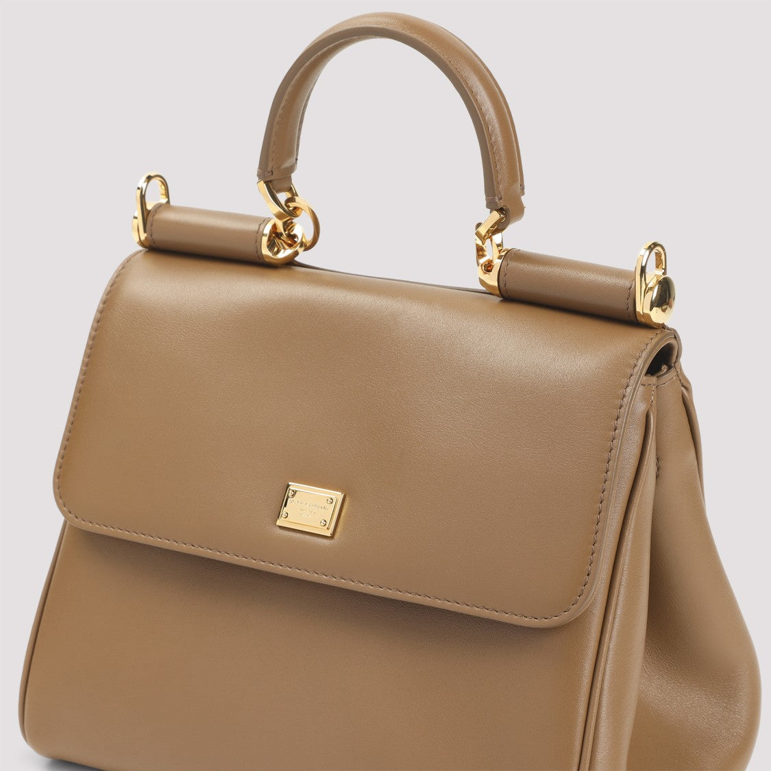 Dolce & Gabbana Compact Brown Leather Handbag With Gold Accents
