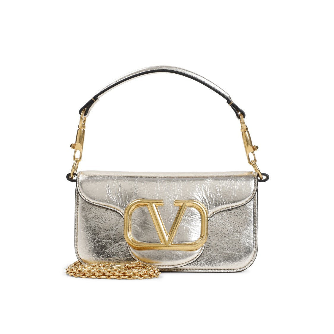 Valentino Small Platinum Leather Shoulder Bag With Signature Vlogo