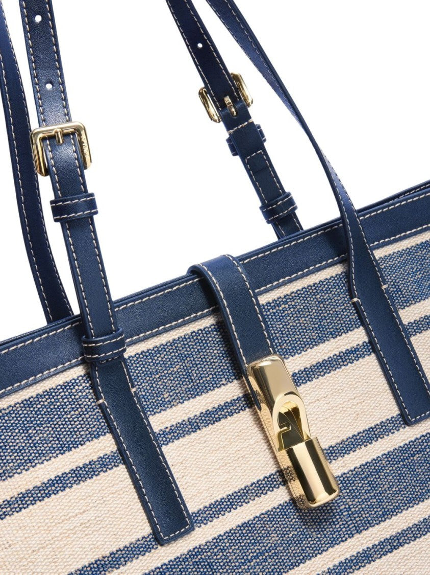 Furla Rectangular Navy And Beige Striped Tote Bag