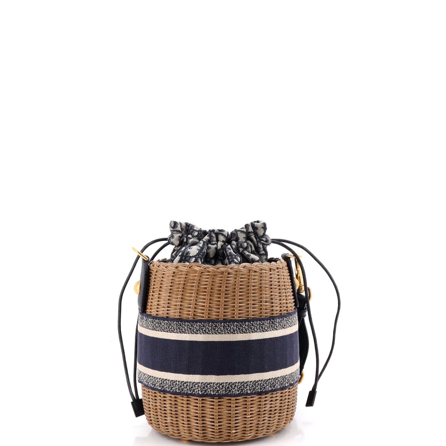 Drawstring Bucket Bag Wicker with Oblique Canvas