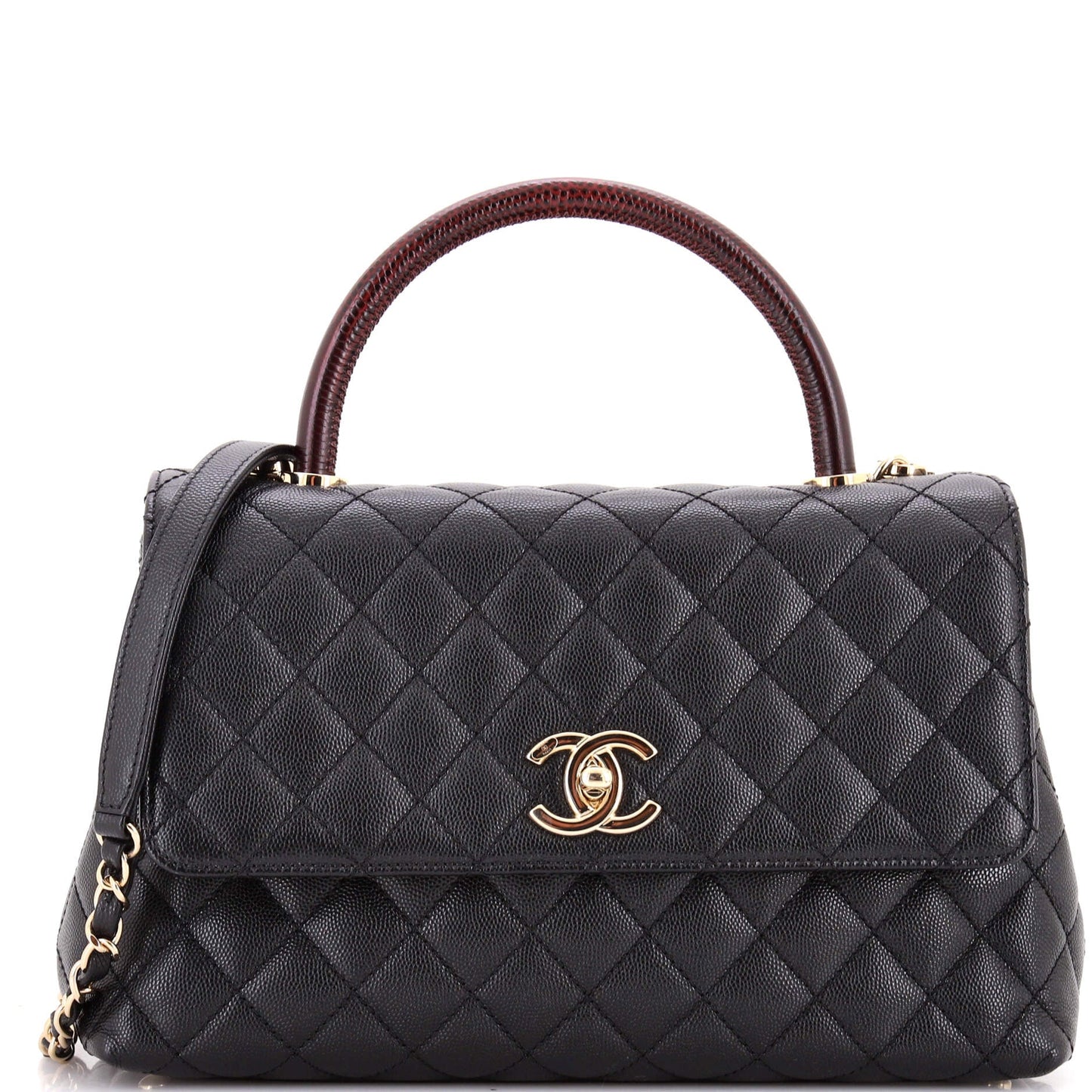 Coco Top Handle Bag Quilted Caviar with Lizard Embossed Handle Small
