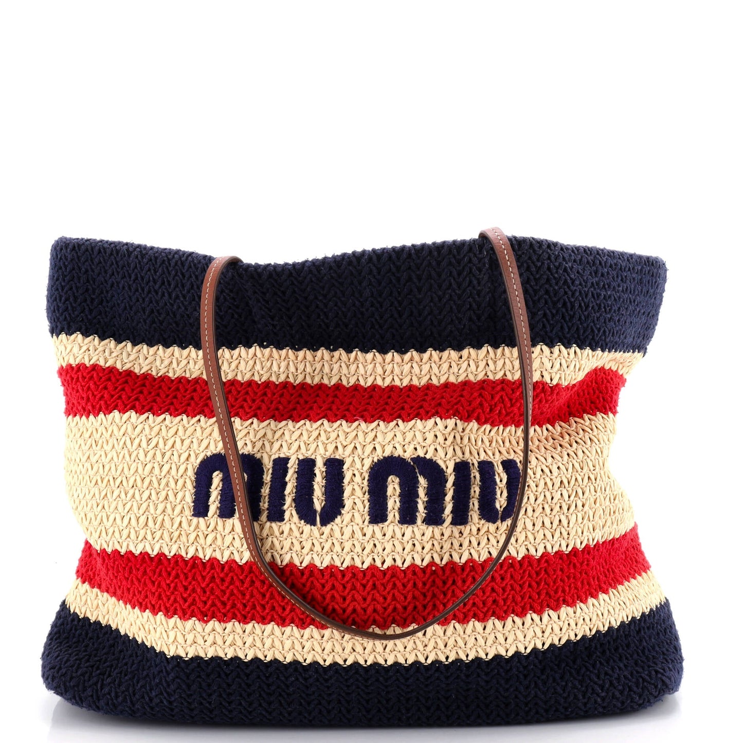 Logo Tote Striped Raffia Crochet with Leather Large