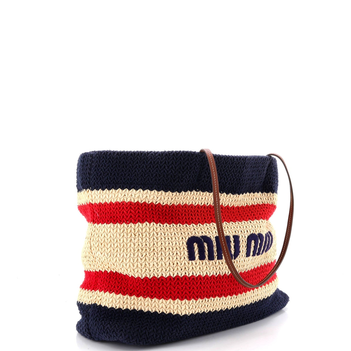 Logo Tote Striped Raffia Crochet with Leather Large