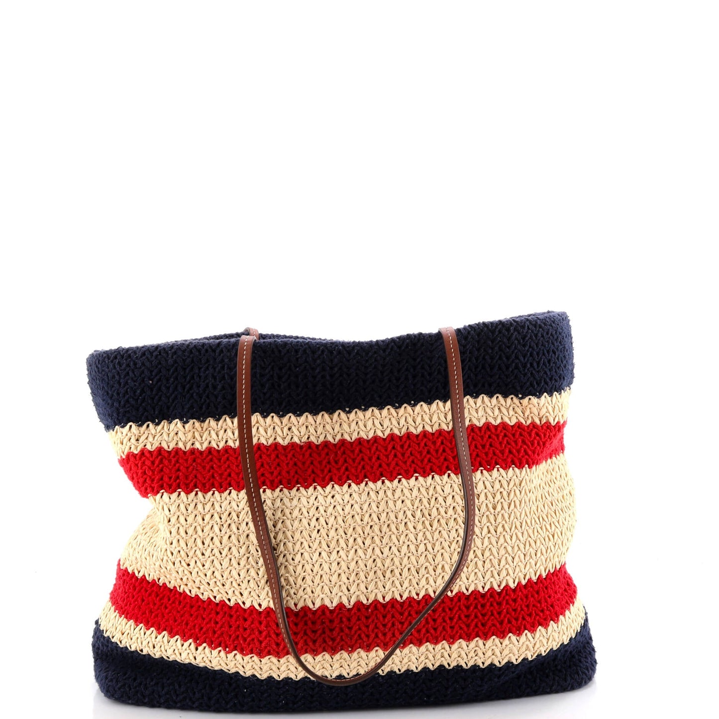 Logo Tote Striped Raffia Crochet with Leather Large