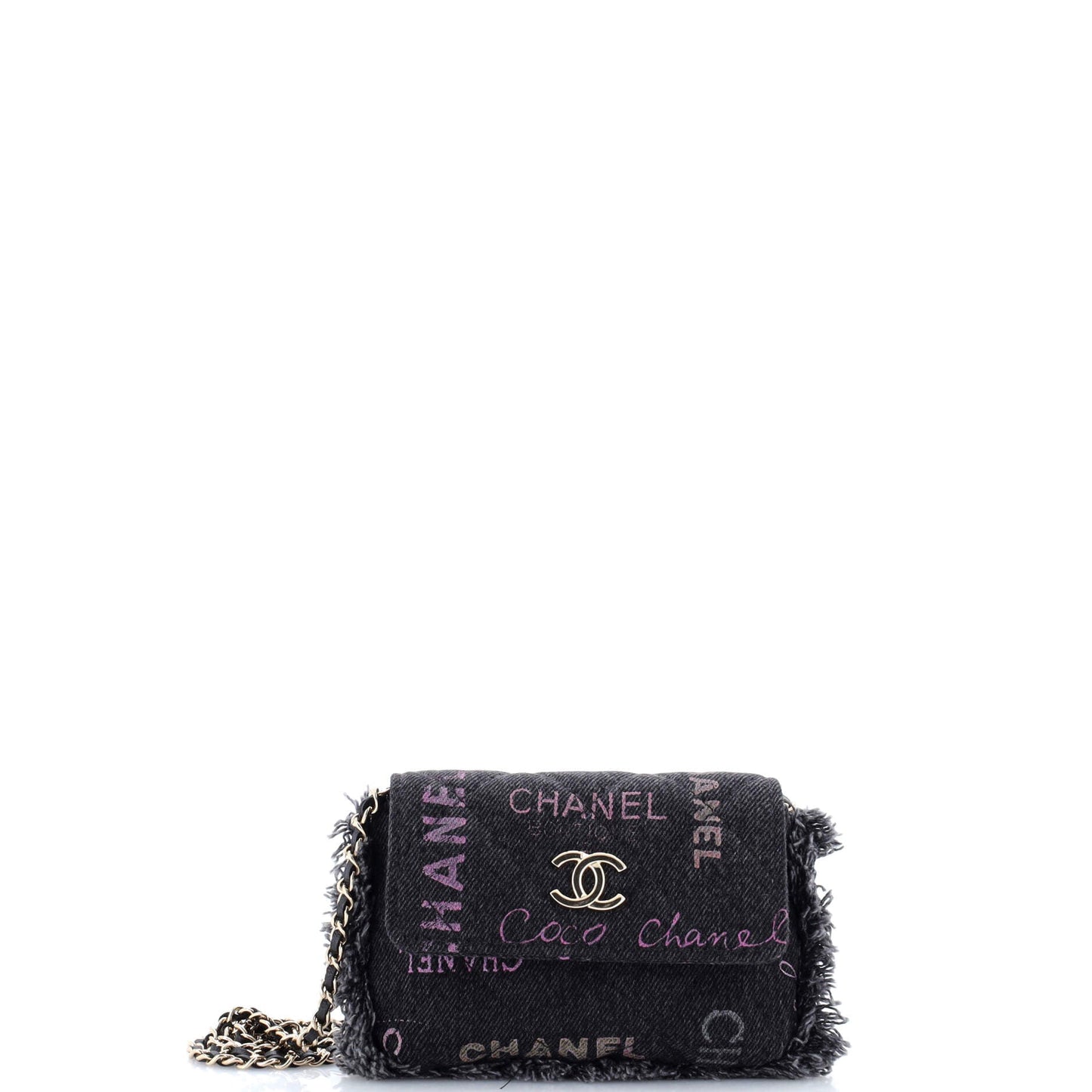 Denim Mood Flap Clutch with Chain Logo Printed Quilted Fringe Denim