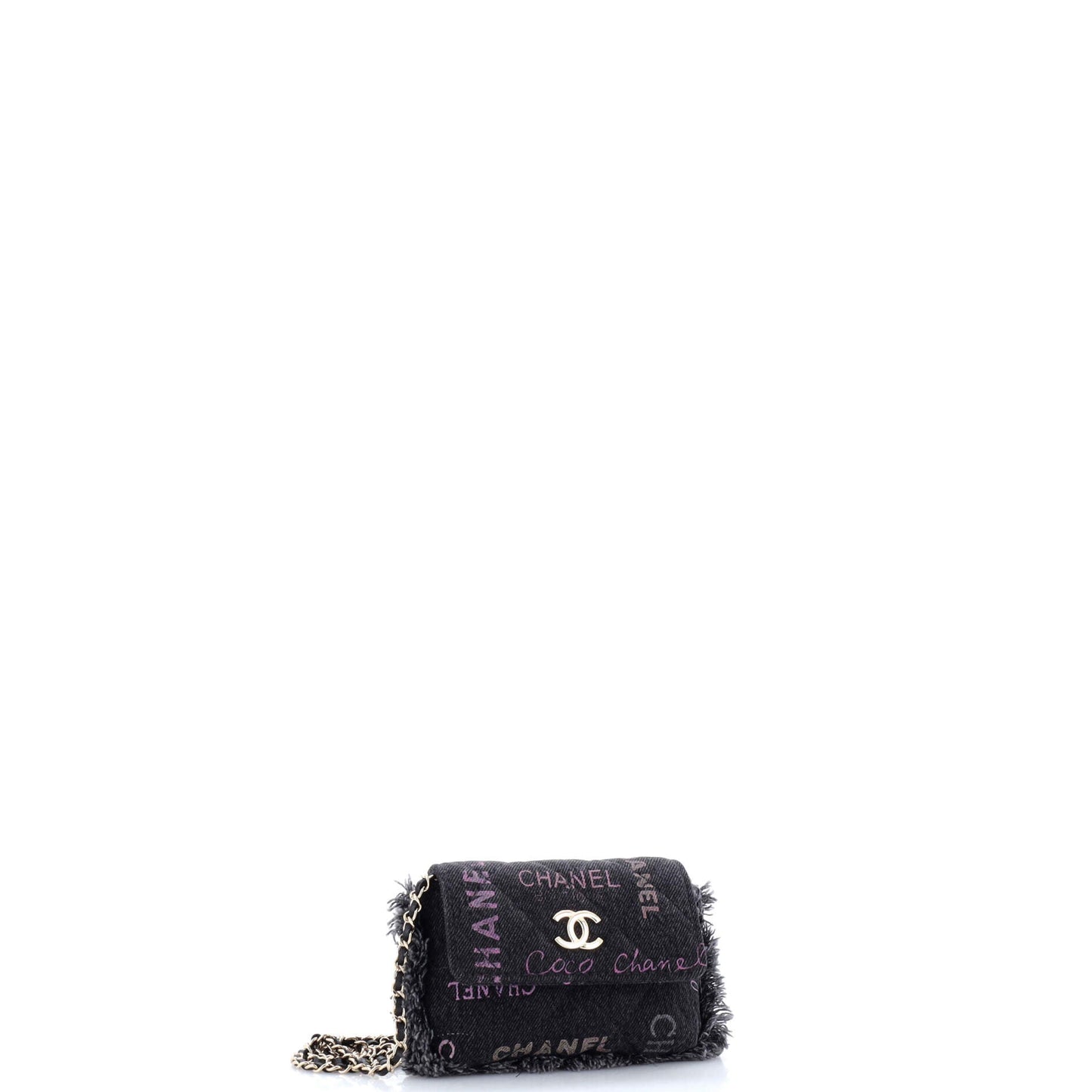 Denim Mood Flap Clutch with Chain Logo Printed Quilted Fringe Denim
