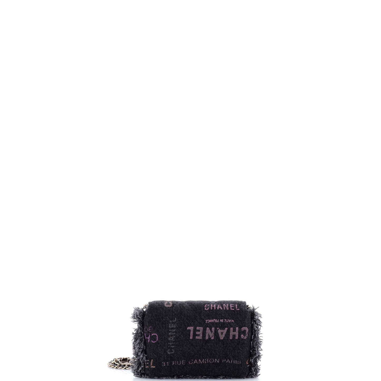 Denim Mood Flap Clutch with Chain Logo Printed Quilted Fringe Denim