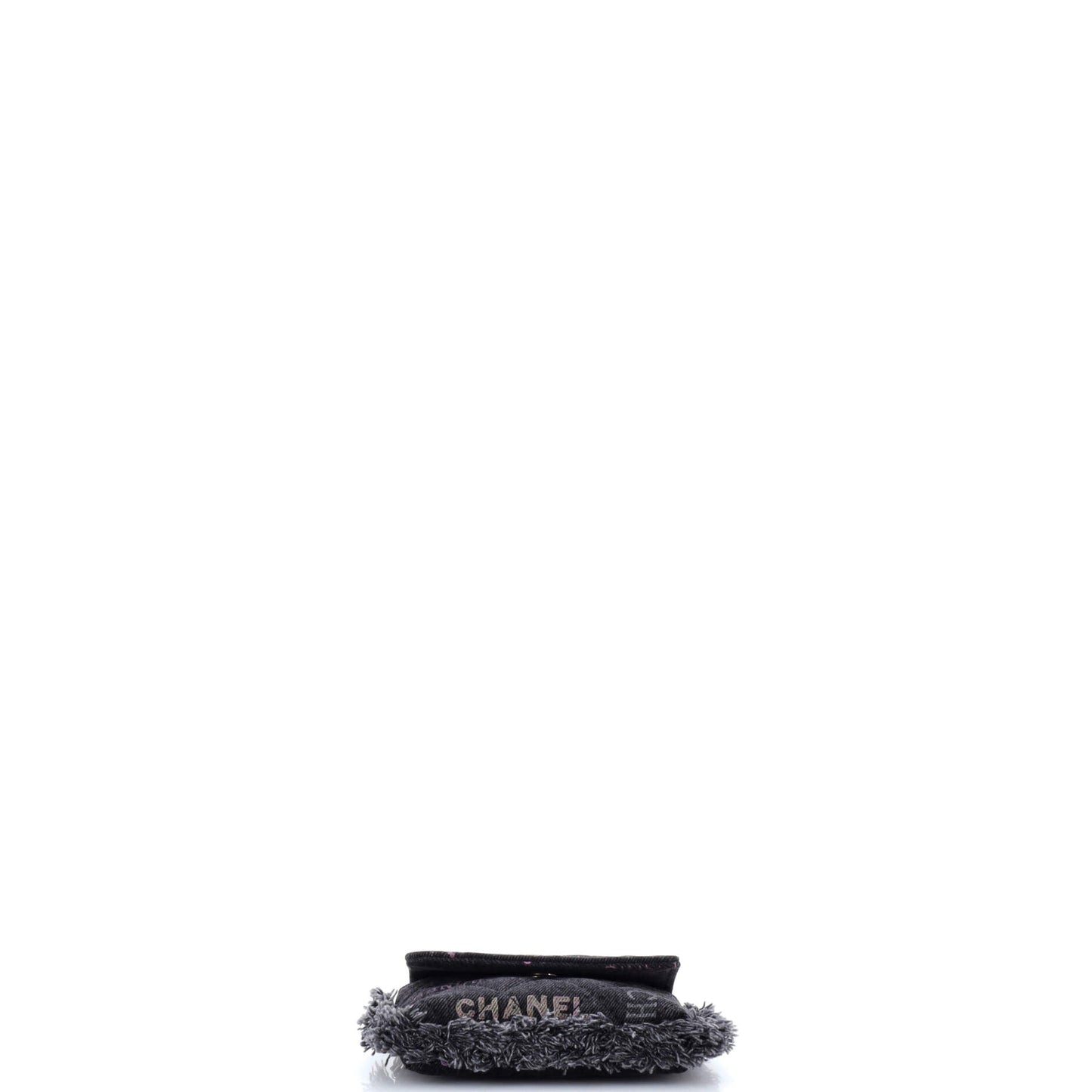 Denim Mood Flap Clutch with Chain Logo Printed Quilted Fringe Denim