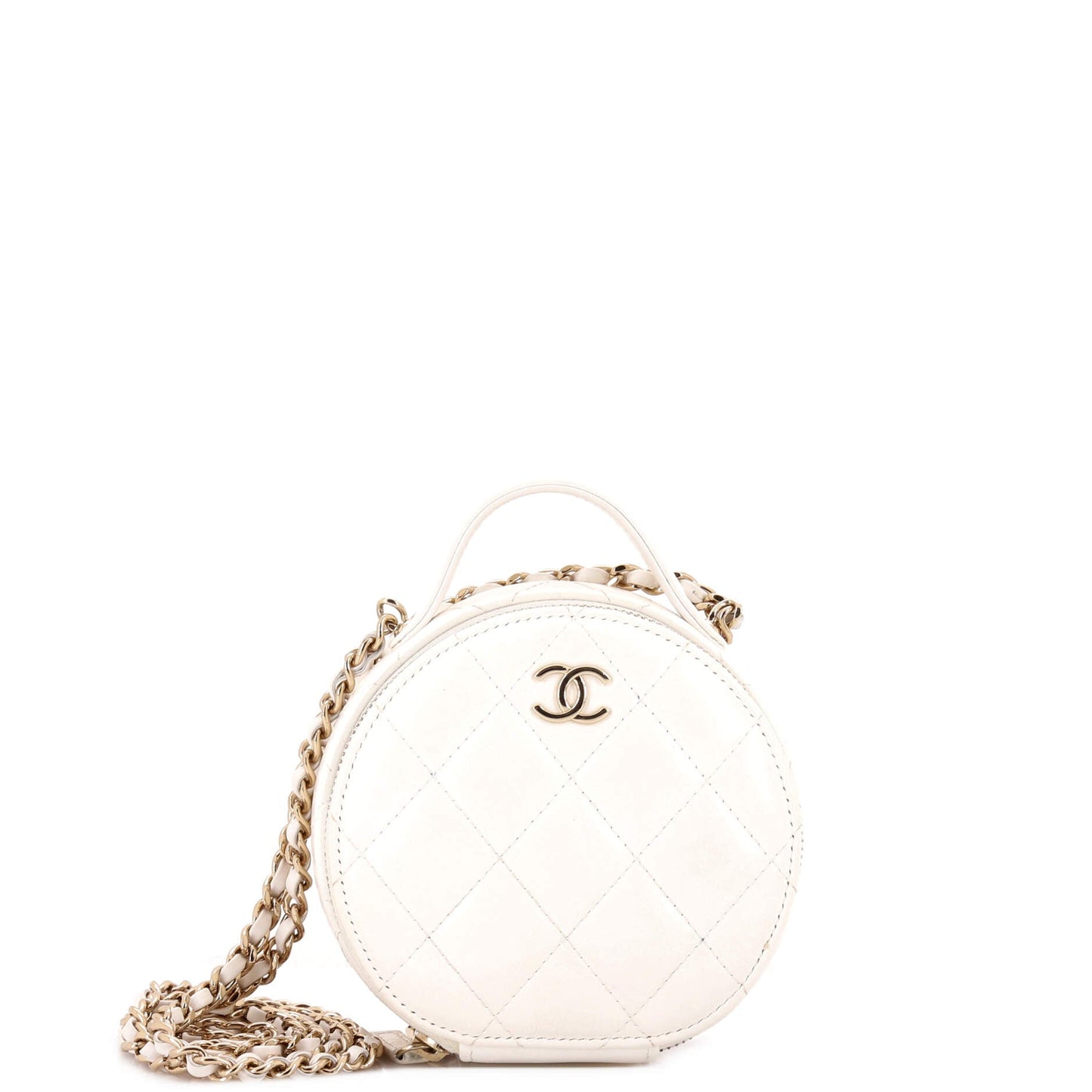 Handle with Care Round Vanity Case with Chain Quilted Lambskin Small