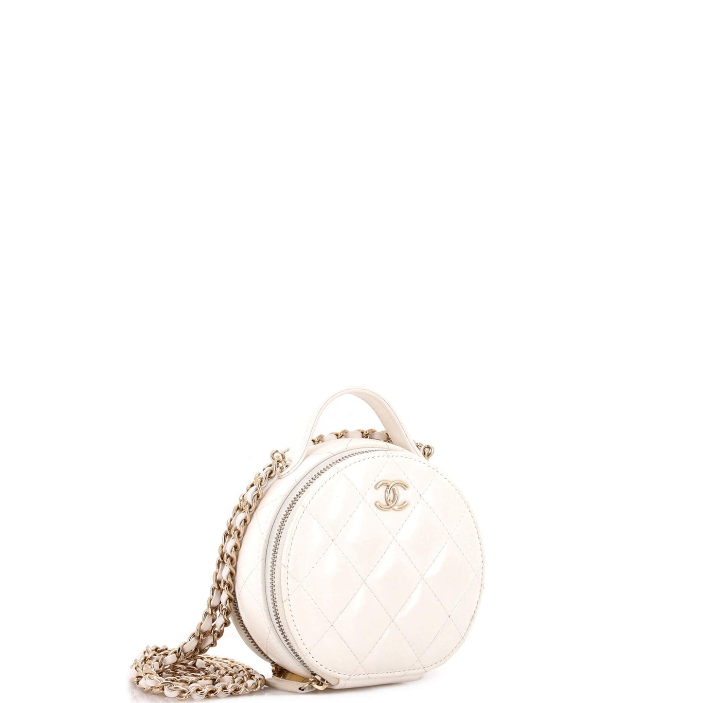 Handle with Care Round Vanity Case with Chain Quilted Lambskin Small
