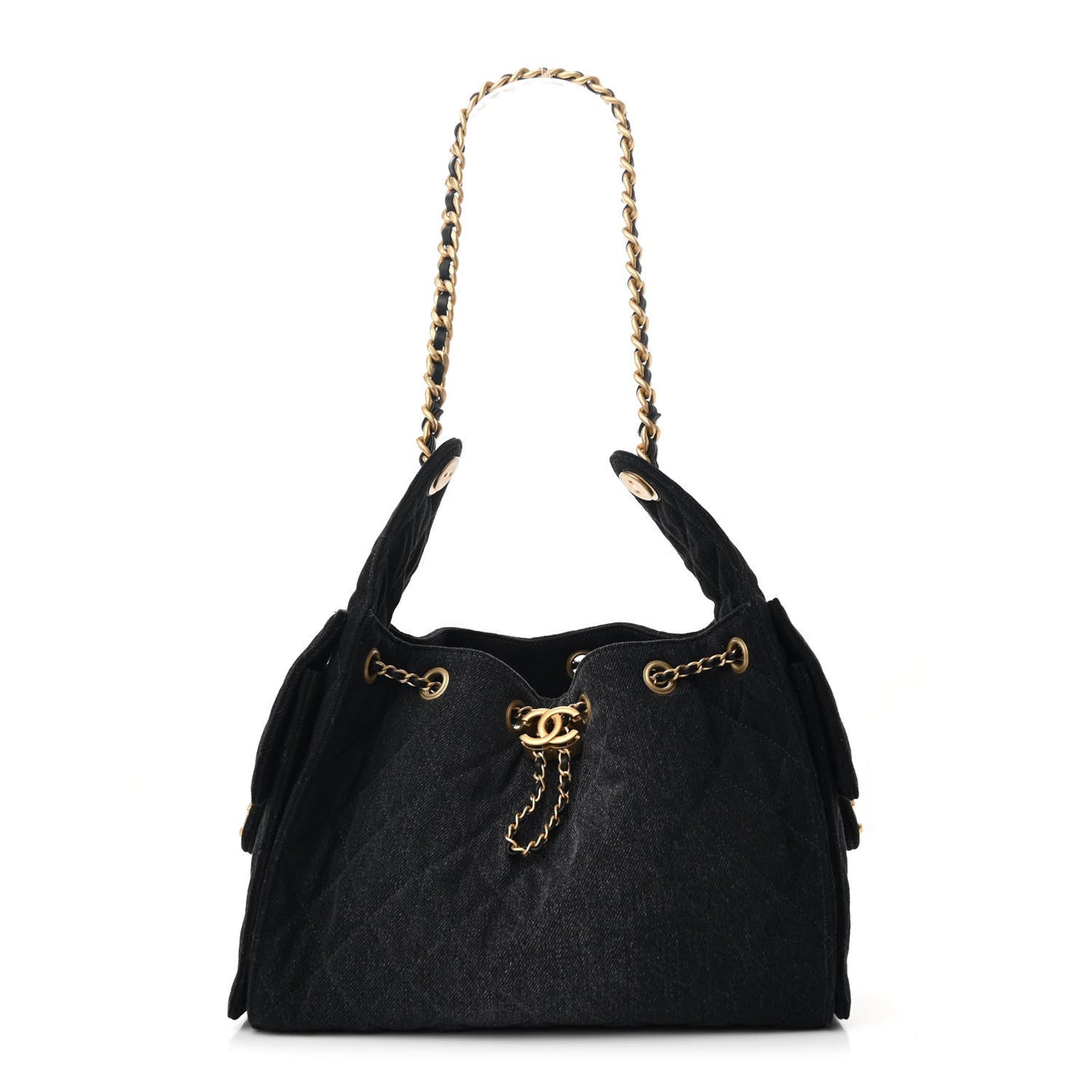 Washed Denim Quilted Small Chanel 25 Handbag Black