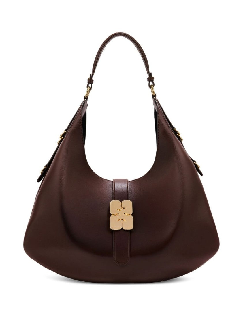 Ganni Crescent-Shaped Brown Leather Shoulder Bag
