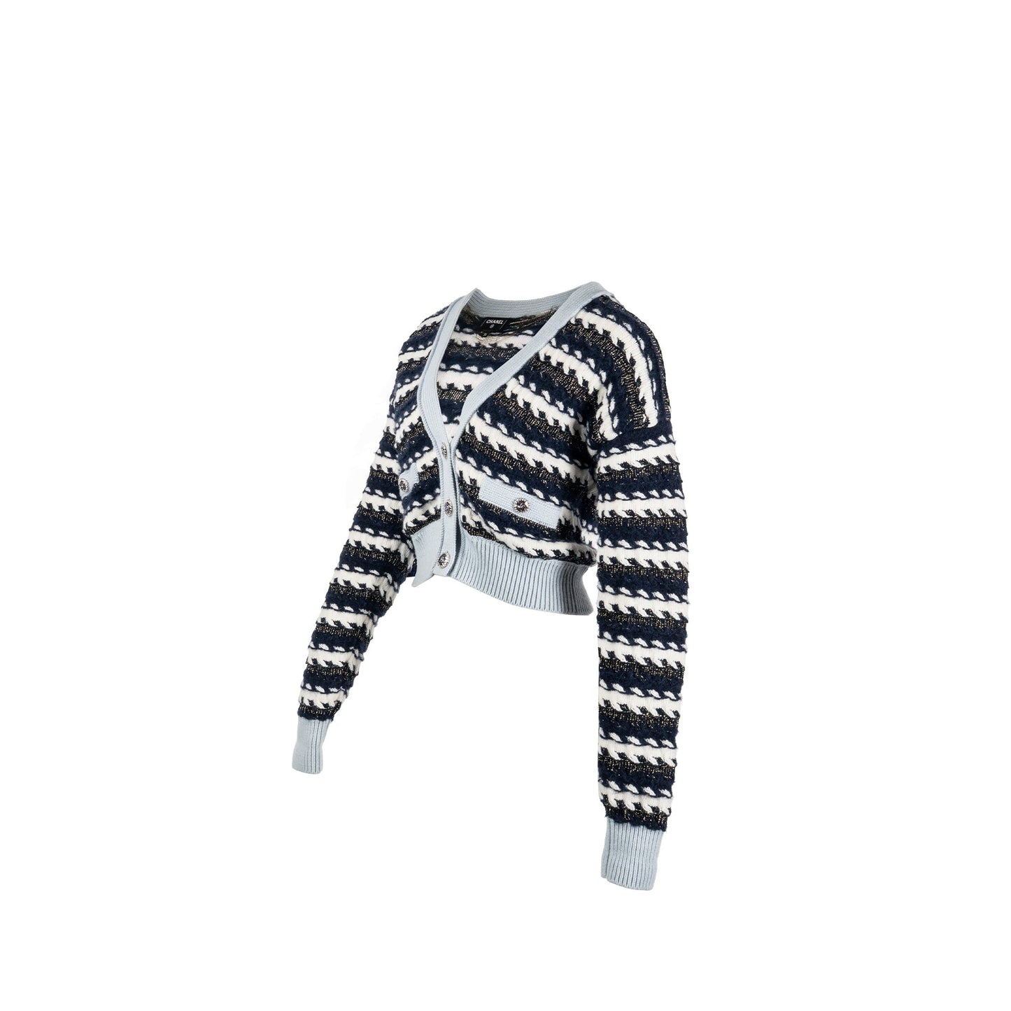 Chanel Size 36 Metal Coco Mark Button Stripe Cardigan Cashmere/Cotton Navy/Blanc/Light Blue SHW
