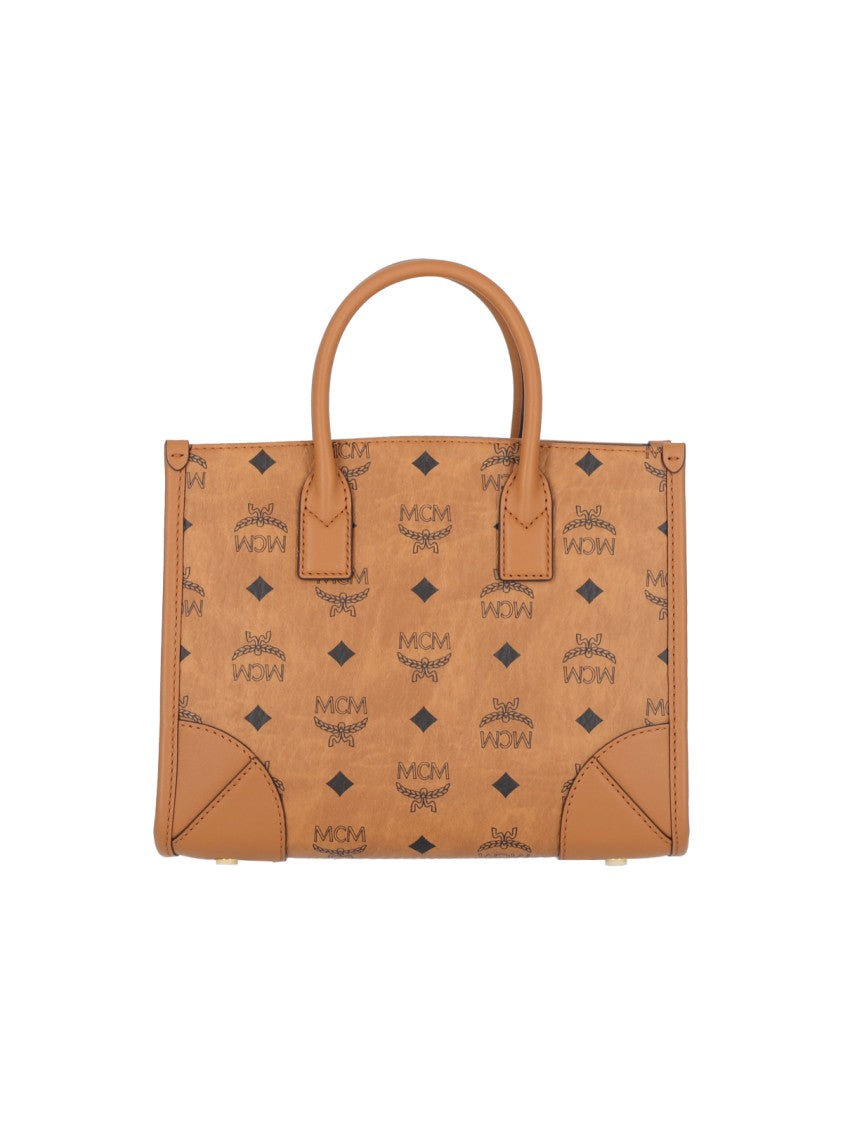 Mcm "München" Small Tote Bag, In Brown Visetos Eco-Leather