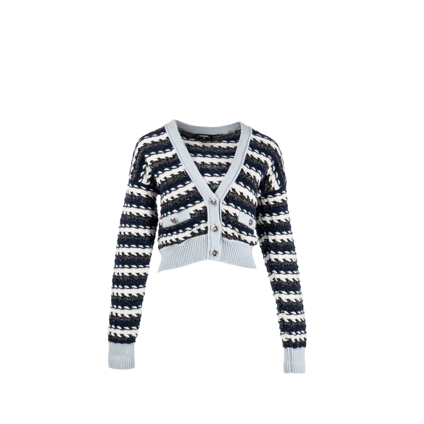 Chanel Size 36 Metal Coco Mark Button Stripe Cardigan Cashmere/Cotton Navy/Blanc/Light Blue SHW