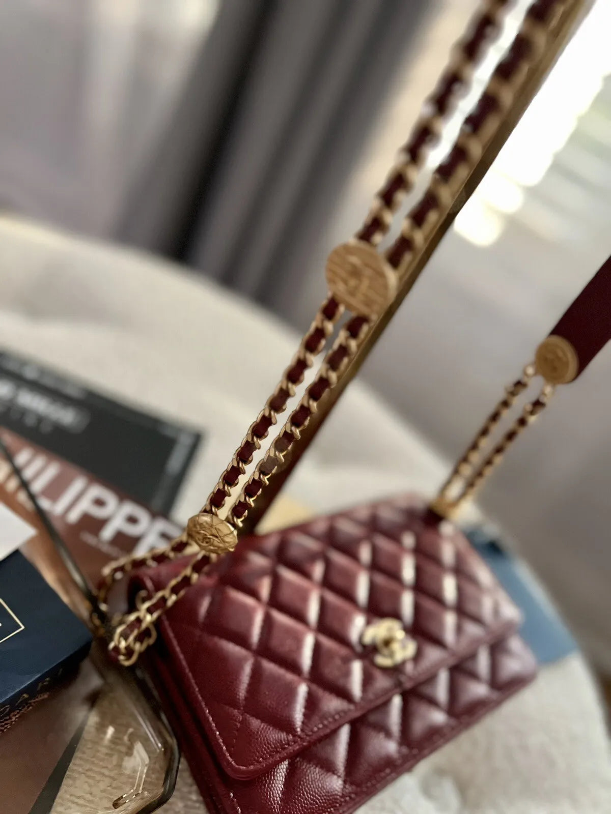 Chanel Wallet on Chain Metier D’art Shiny Calfskin Caviar In Burgundy Gold HW
