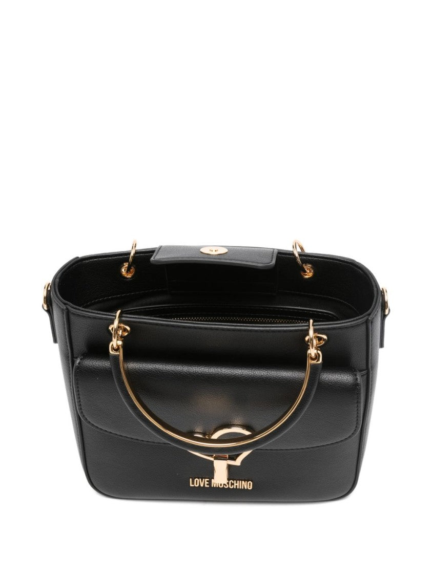 Love Moschino Structured Black Handbag With Gold Accents And Heart Clasp