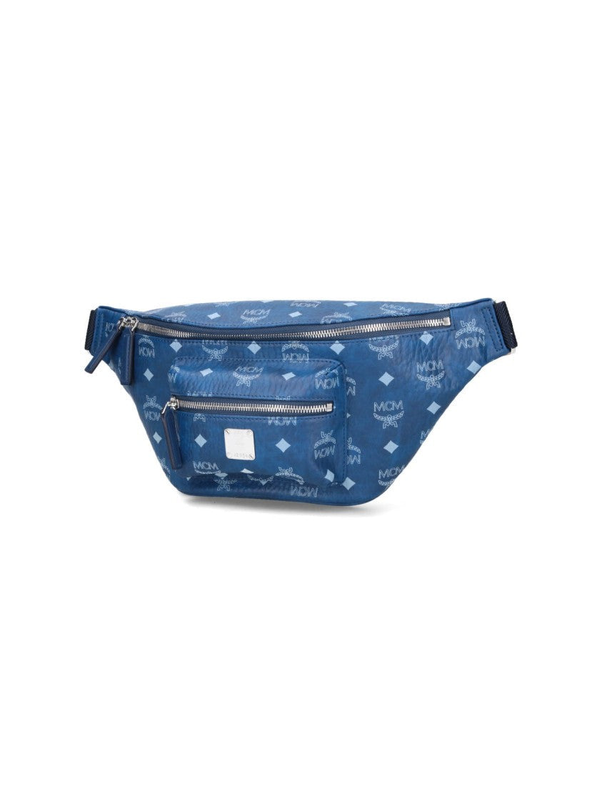 Mcm Signature Logo Print Blue Belt Bag