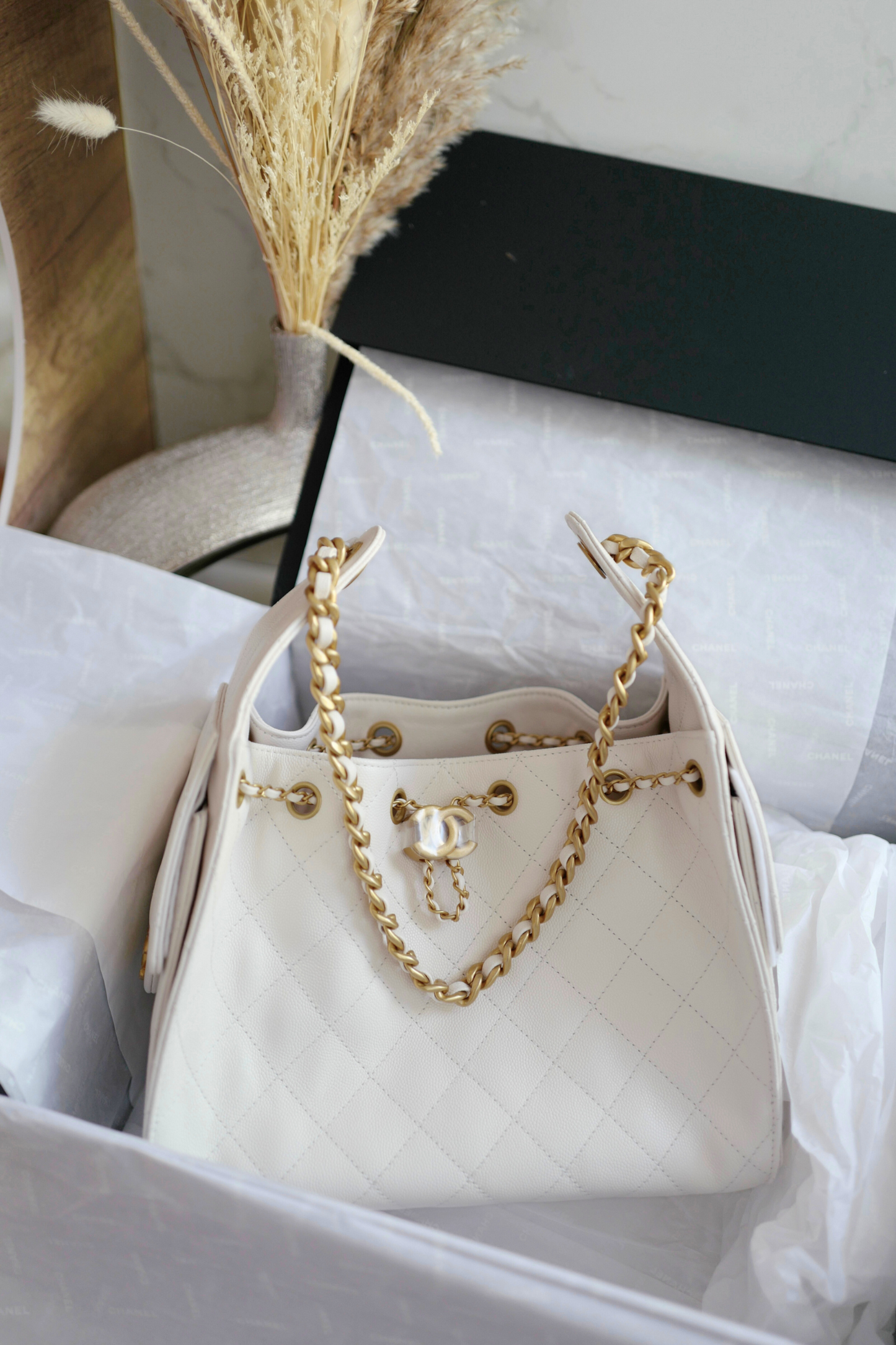 NEW Chanel Hobo Bag Small White Calfskin 25A Gold Hardware