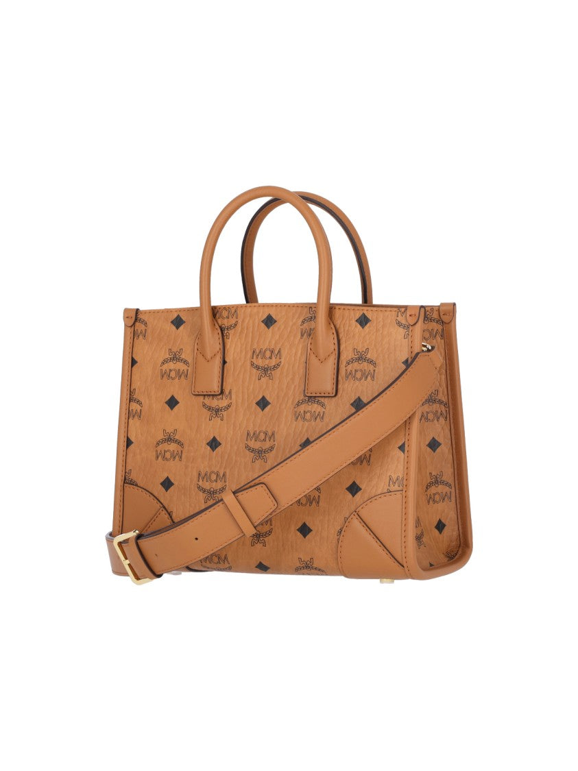 Mcm "München" Small Tote Bag, In Brown Visetos Eco-Leather