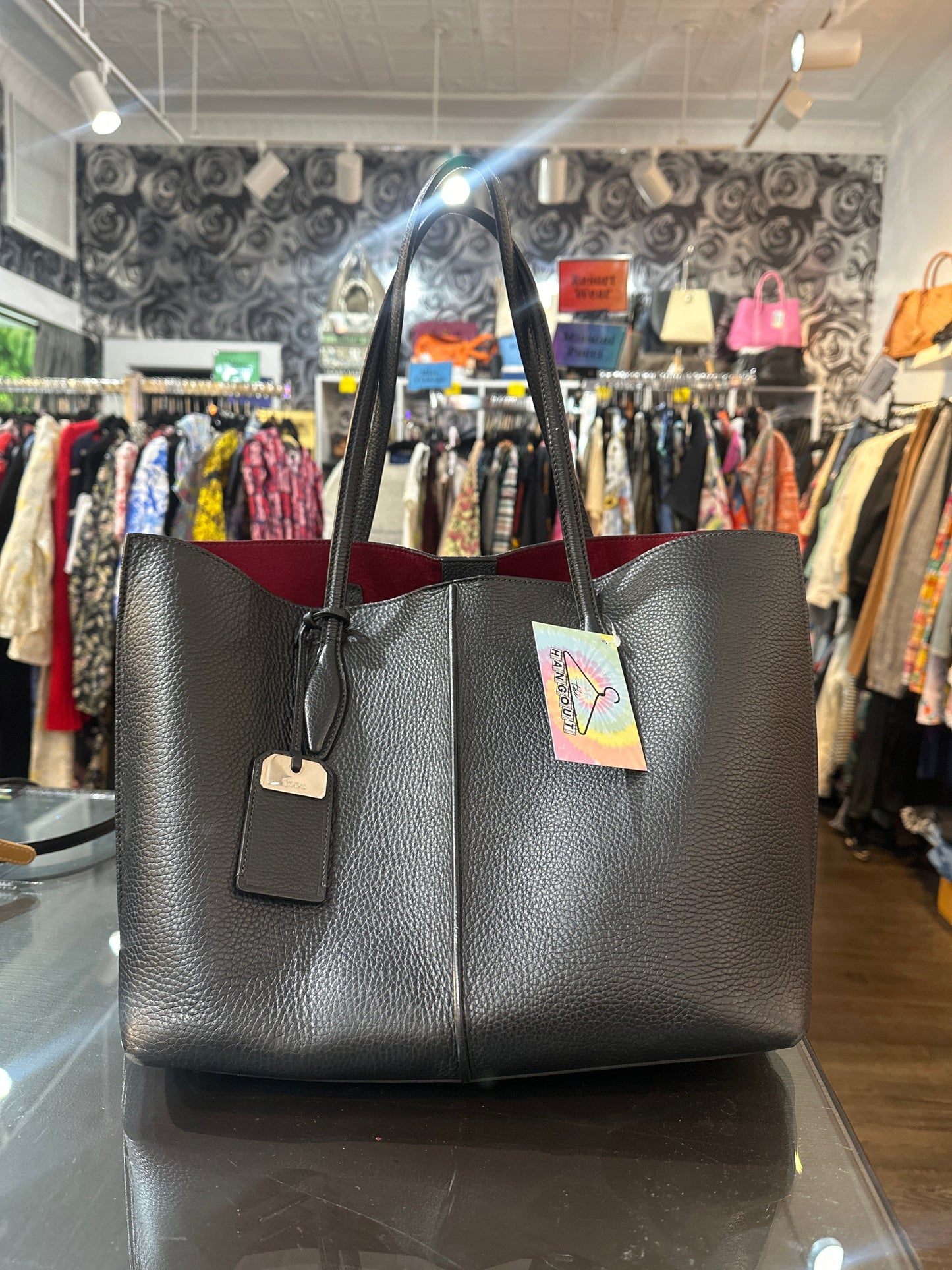 TODS Black Grained Leahter Tote Bag with. Maroon Suede Interior