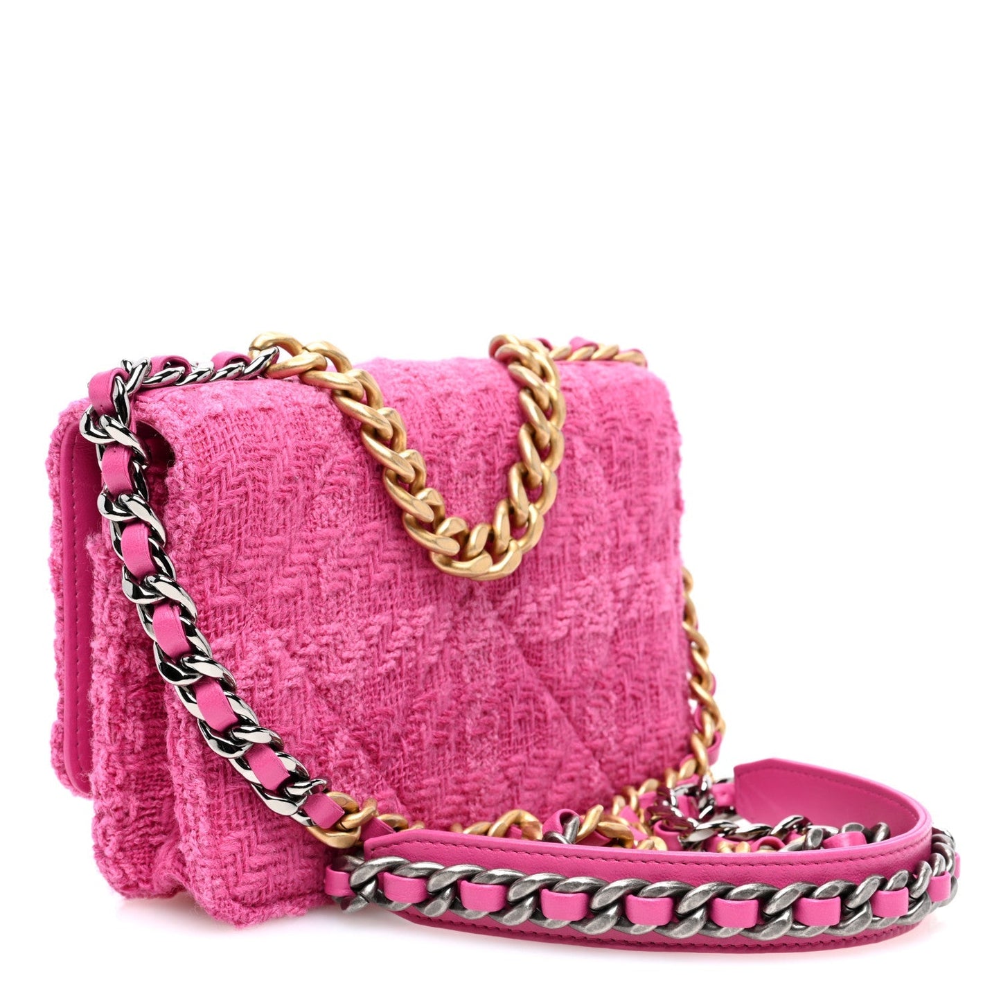 Wool Tweed Lambskin Quilted Chanel 19 Wallet On Chain WOC and Coin Purse  Fuchsia