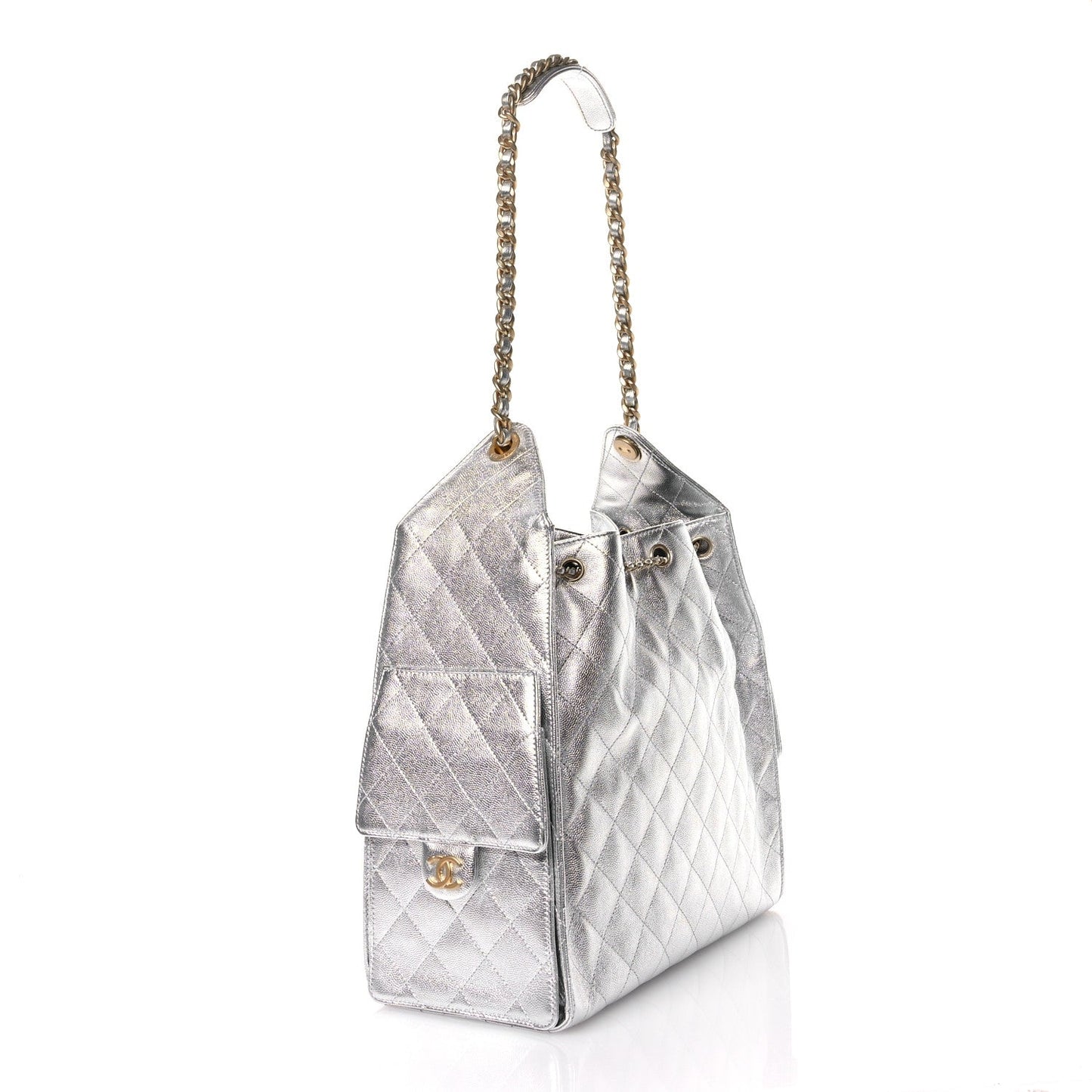 Metallic Caviar Quilted Medium Chanel 25 Handbag Silver