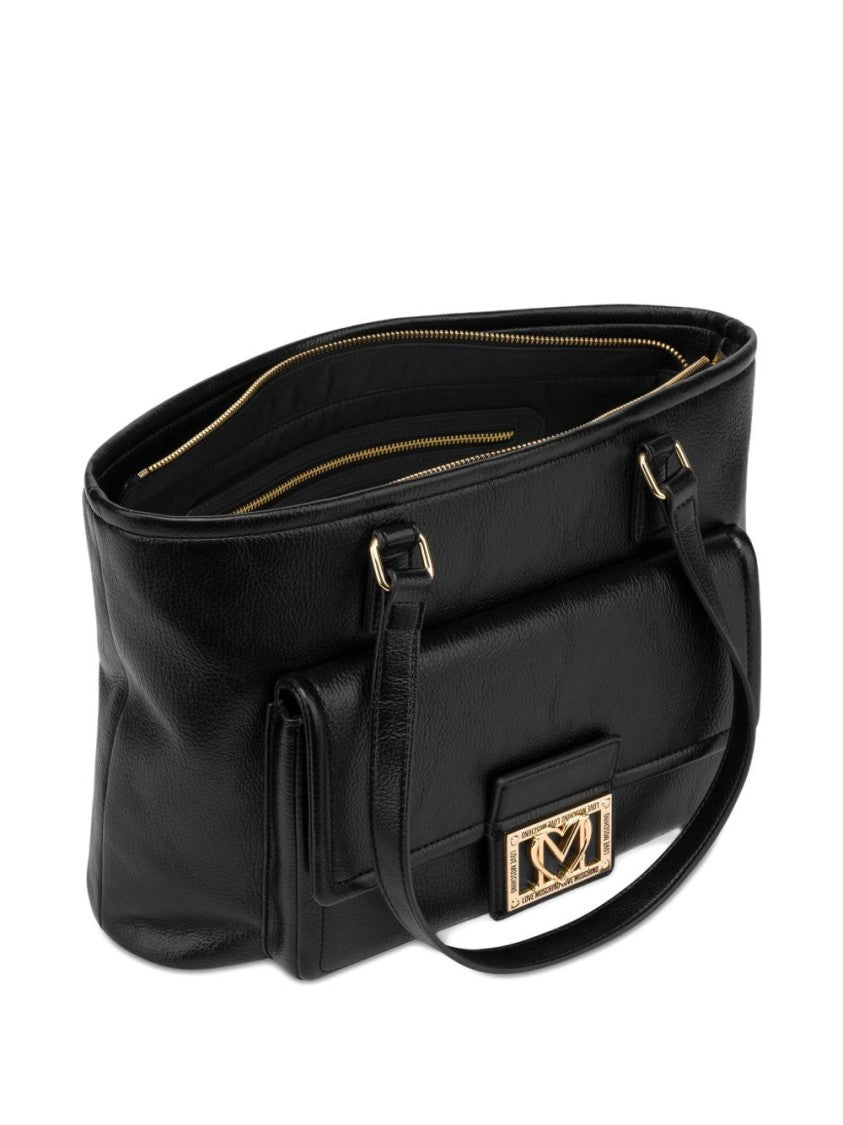 Love Moschino Black Polyurethane Shopper With Gold-Tone Logo Plaque