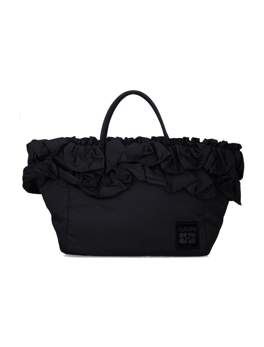 Ganni Black Nylon Ruffled Xxl Shopper Bag
