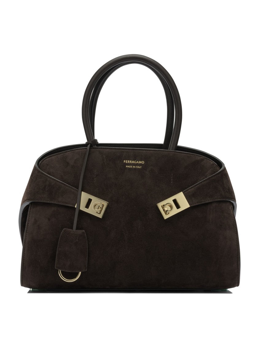Ferragamo Structured Brown Calfskin Handbag With Gold-Finished Gancini Buckles