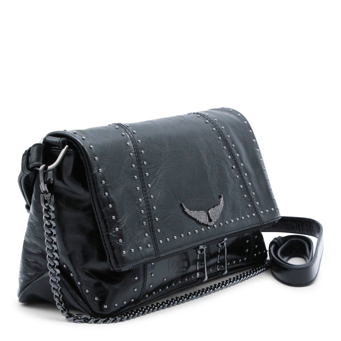 Zadig & Voltaire Black Leather Rock Ii Vintage Patent Studs Shoulder Bag