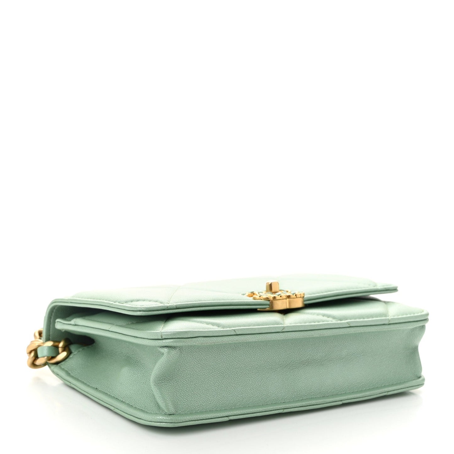 Shiny Lambskin Quilted Chanel 19 Wallet On Chain WOC Light Green