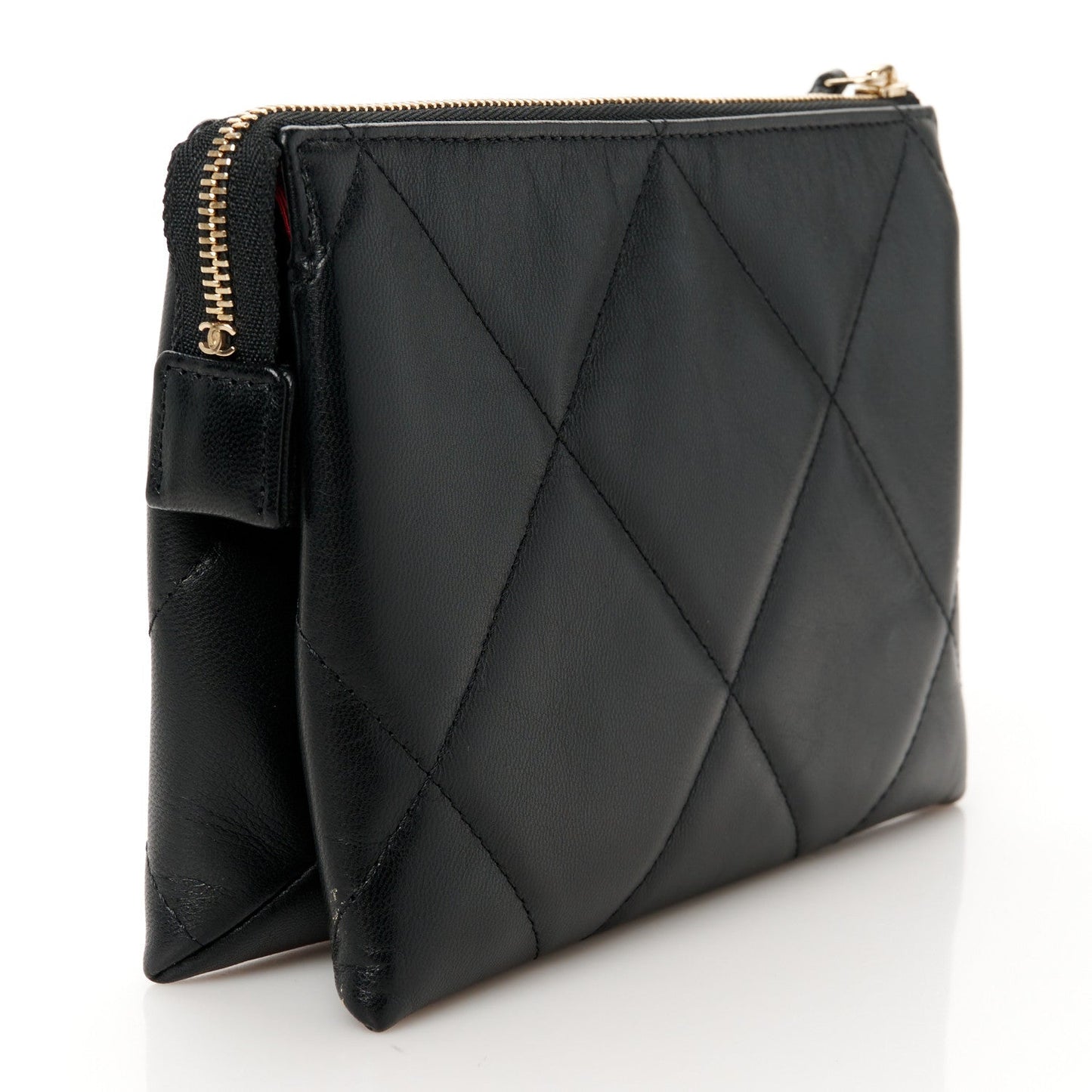 Shiny Goatskin Quilted Small Chanel 19 Pouch With Handle Black