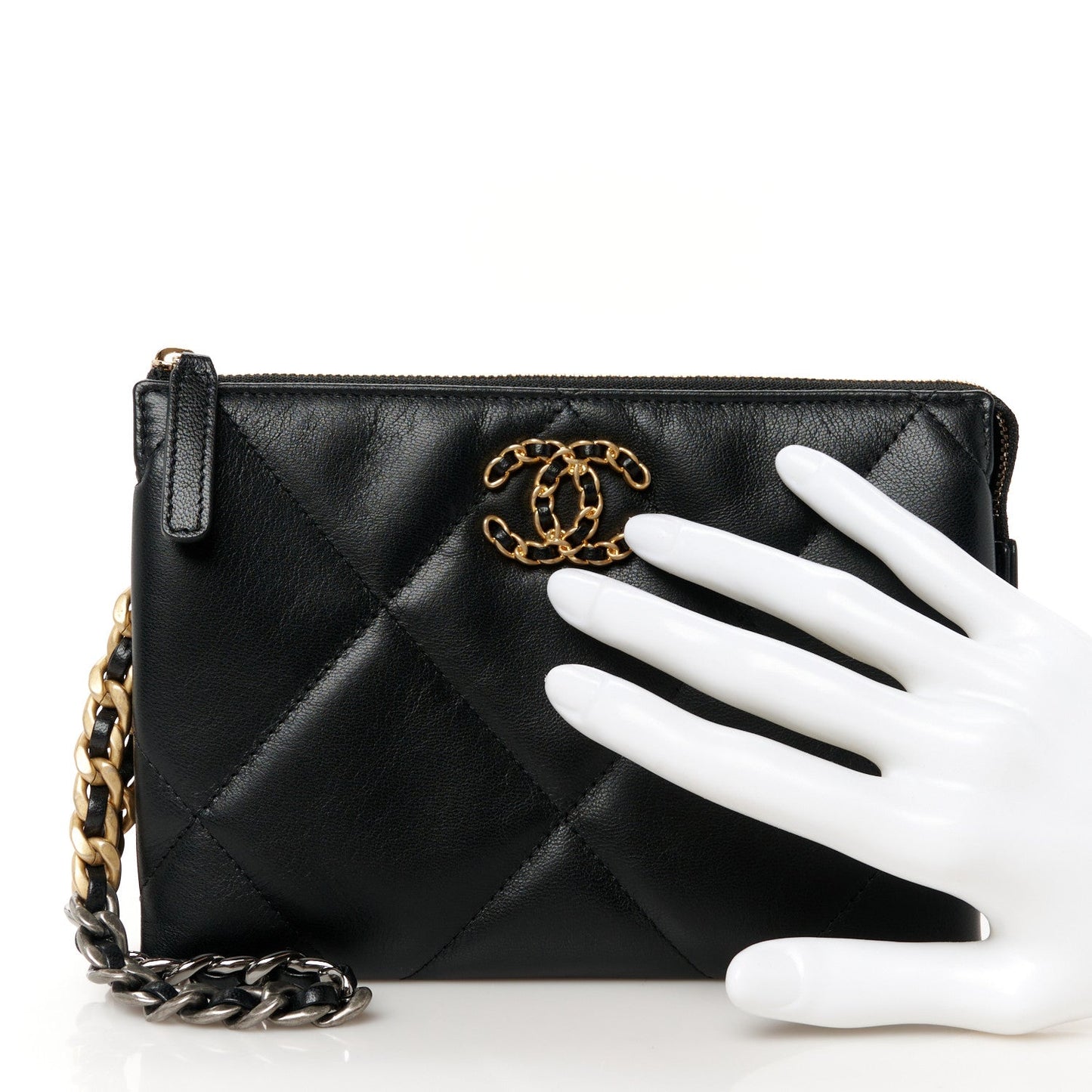 Shiny Goatskin Quilted Small Chanel 19 Pouch With Handle Black