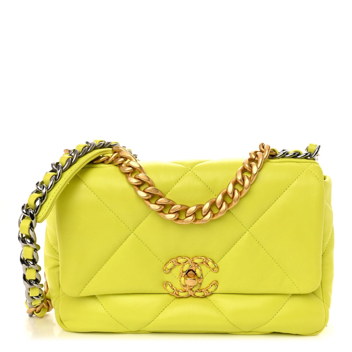Shiny Lambskin Quilted Medium Chanel 19 Flap Neon Yellow