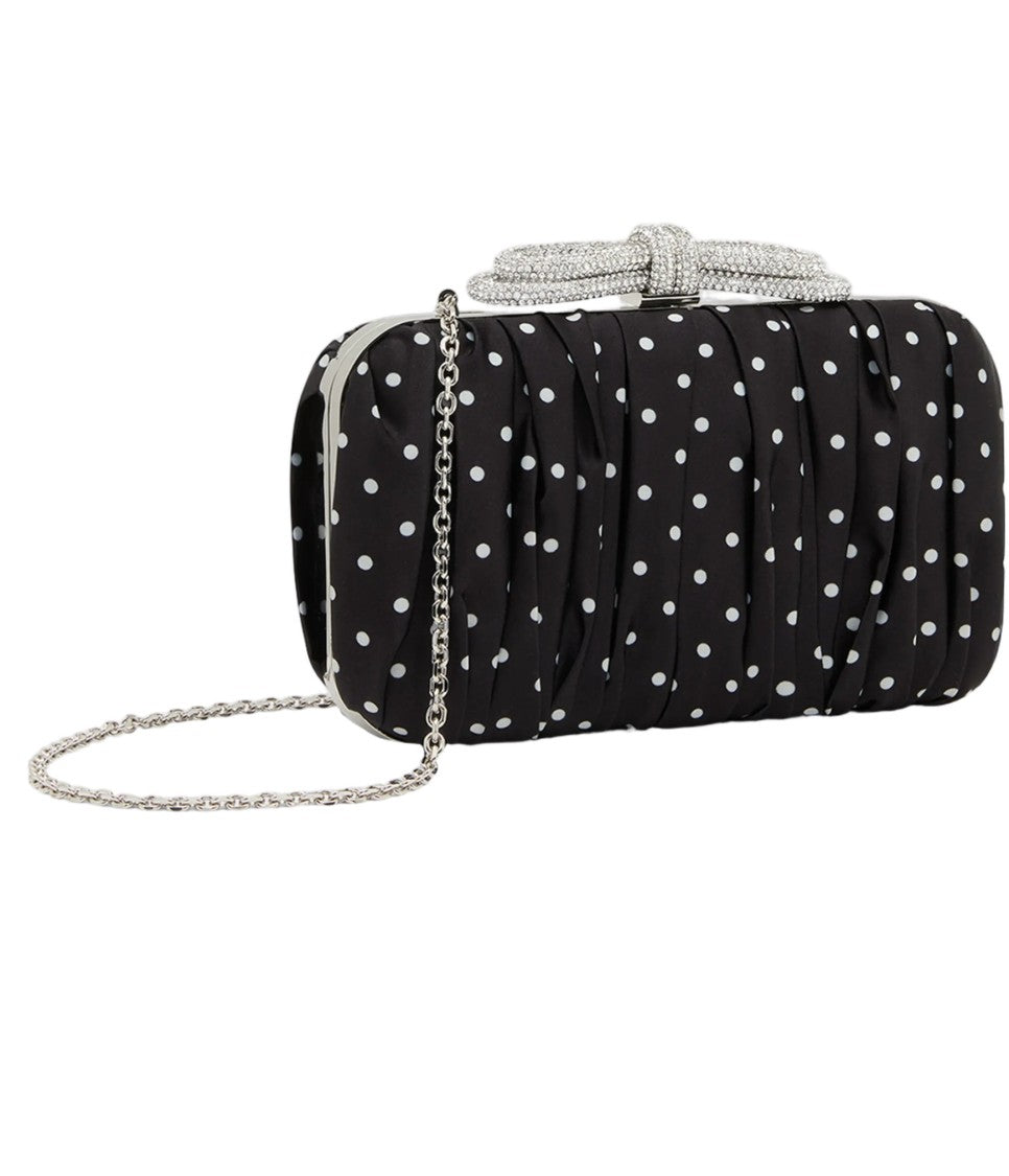 Mach & Mach Double Bow Black Satin Polka Dots Clutch